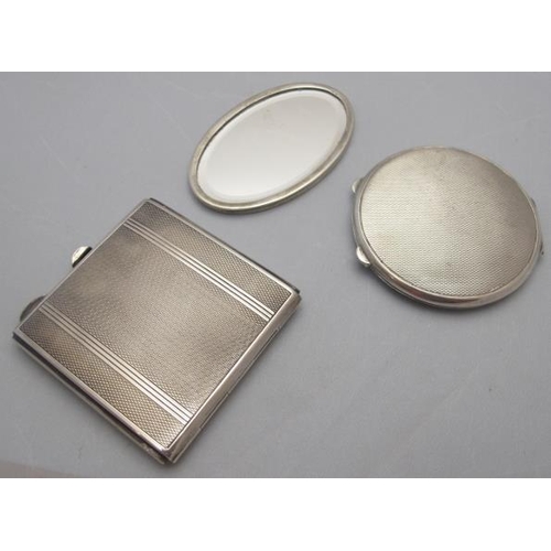 301 - A silver square shaped compact complete with powder puff, engine turned decoration & monogrammed, Bi... 