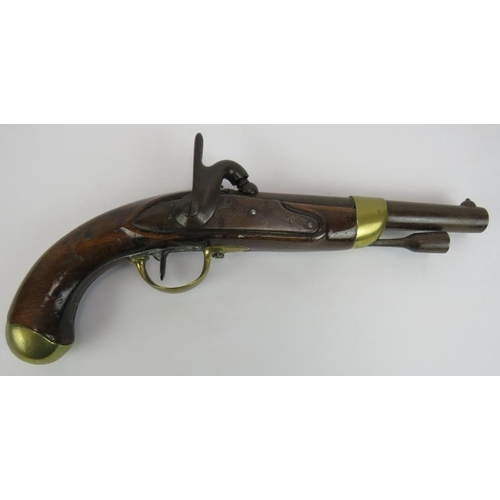 34 - An early 19th century French 1822 percussion service pistol with engraved lock and stamped stock. Le... 