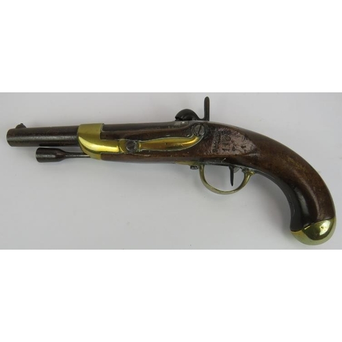 34 - An early 19th century French 1822 percussion service pistol with engraved lock and stamped stock. Le... 