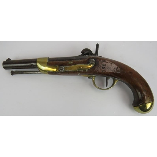 35 - An early 19th century French 1822 percussion service pistol with engraved lock and stamped stock. Le... 