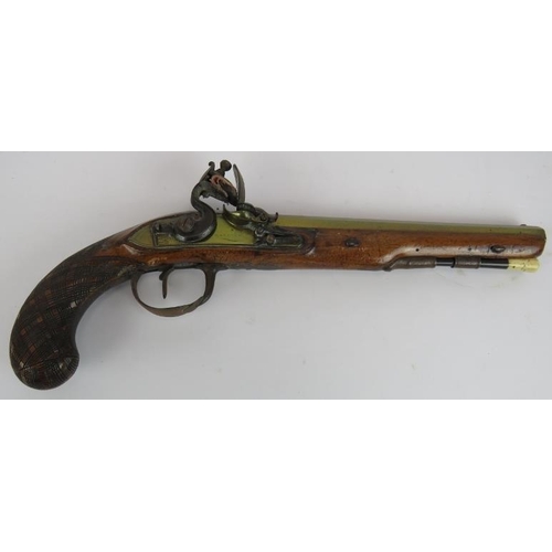 36 - An 18th century flintlock duelling pistol by Knubley of London. Octagonal brass barrel, diamond etch... 