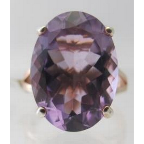 362 - Pink amethyst ring, large 18mm x 13mm oval brilliant cut solitaire ring, size O. Rose gold over ster... 