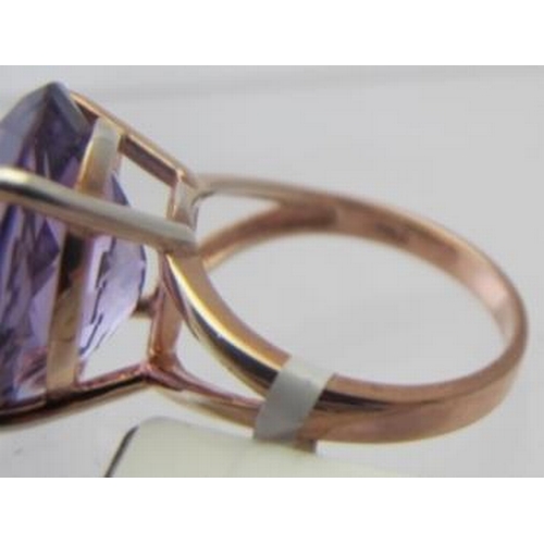 362 - Pink amethyst ring, large 18mm x 13mm oval brilliant cut solitaire ring, size O. Rose gold over ster... 