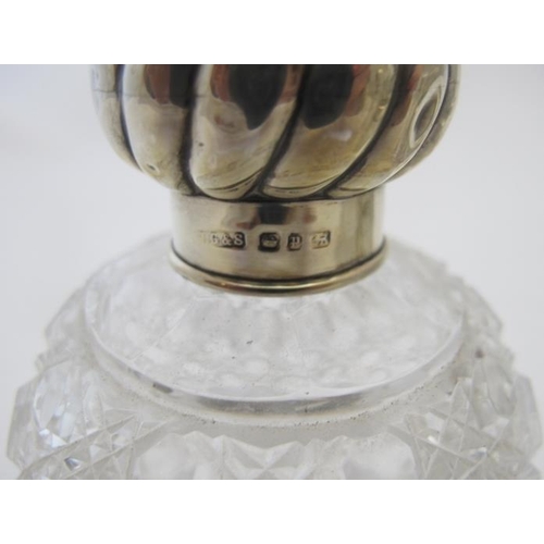 370 - A square hobnail scent bottle with silver collar, Birmingham 1906 and two circular hobnail cut scent... 