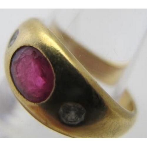 397 - A ruby and diamond set 'gypsy' ring, size I.
Condition report: Diamond and ruby damaged and ring ver... 