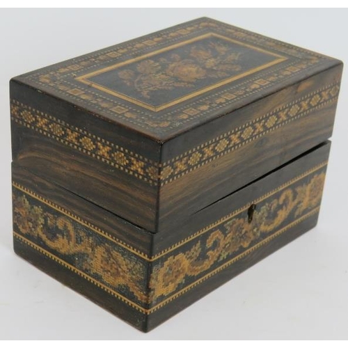 41 - A 19th century Tunbridge Ware rosewood box with floral panel to lid & velvet lining. 12cm x 7.5cm x ... 