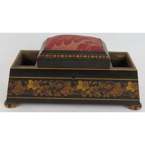 42 - An  unusual 19th century Tunbridge Ware desk stand with central pin cushion, floral borders & geomet... 