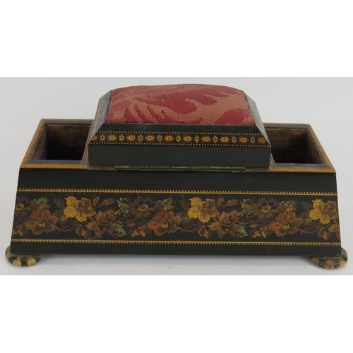 42 - An  unusual 19th century Tunbridge Ware desk stand with central pin cushion, floral borders & geomet... 