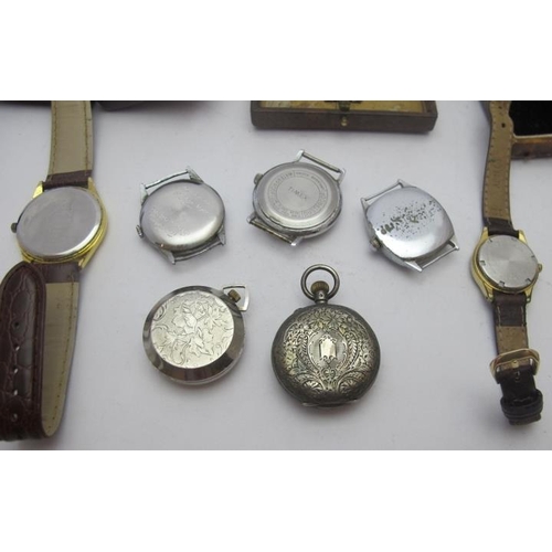 425 - A silver cased pocket watch with enamelled numerals & engraved case, marked 935 in a leather case, a... 