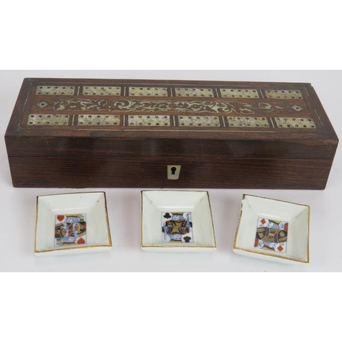 43 - A mother of pearl inlaid rosewood cribbage box with contents including pegs, playing cards & dice pl... 