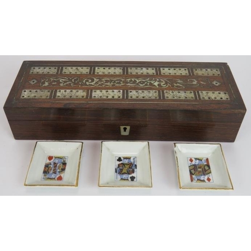 43 - A mother of pearl inlaid rosewood cribbage box with contents including pegs, playing cards & dice pl... 