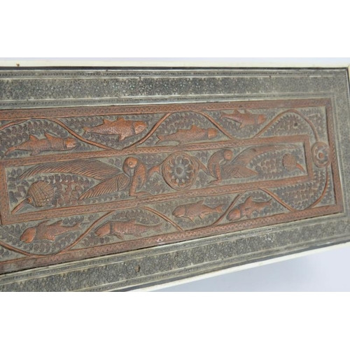 44 - An Indo-Persian micro mosaic inlaid box with ornately carved fish panel to the lid, 27cm x 12cm x 7c... 