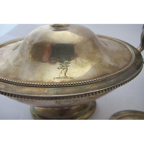 446 - A good pair of Georgian style two handled sauce tureens & covers with later assay hallmarks. Engrave... 