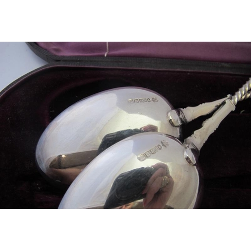 453 - A pair of silver plated Apostle serving spoons with gilded bowls, boxed.
Condition report: Good cond... 