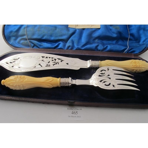 465 - A pair of plated fish servers with pierced decoration & fine engraving of a fisherman on the fish sl... 