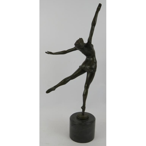 5 - A bronze figure of a ballet dancer in the Art Deco style, mounted on a black marble plinth, unsigned... 