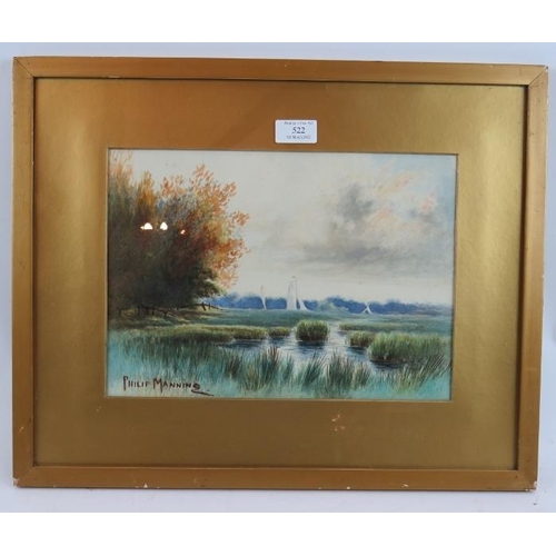 522 - Philip Manning (Early 20th Century) - 'Norfolk Broads', watercolour, signed, 23cm x 33cm, framed.  
... 