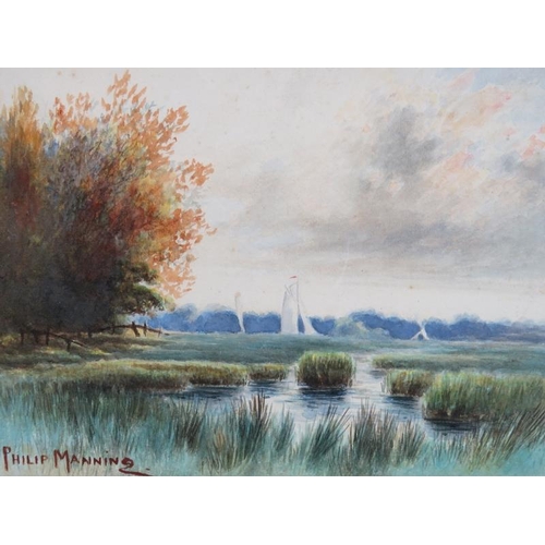 522 - Philip Manning (Early 20th Century) - 'Norfolk Broads', watercolour, signed, 23cm x 33cm, framed.  
... 