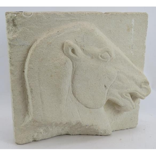 528 - KN (2001) - Carved stone sculpture modelled in bold relief with a horse's head, signed with initials... 