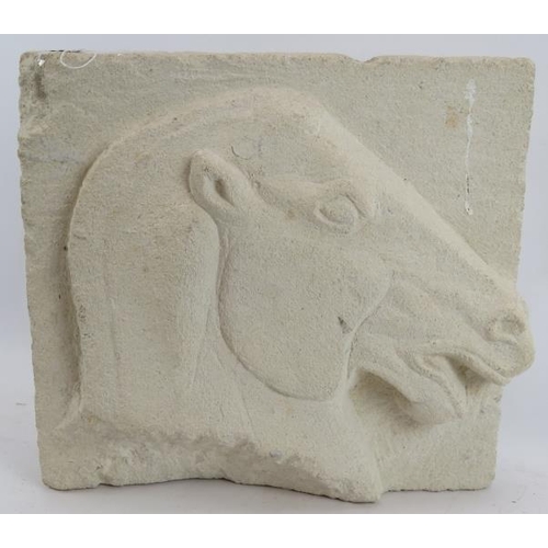 528 - KN (2001) - Carved stone sculpture modelled in bold relief with a horse's head, signed with initials... 