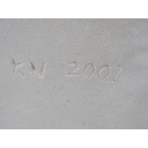 528 - KN (2001) - Carved stone sculpture modelled in bold relief with a horse's head, signed with initials... 