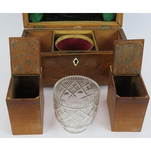 53 - A 19th Century rosewood tea caddy with boxwood stringing and all internal fittings. No key. 31cm x 1... 