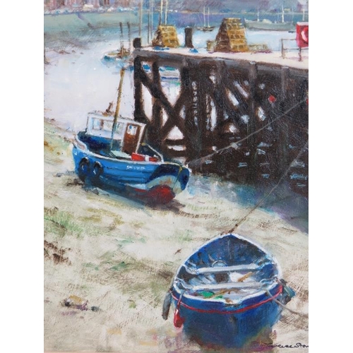 530 - Terence Storey PPRSMA RBSA FRCA (b. 1923) - 'The Esk at Whitby', oil on board, signed, inscribed ver... 