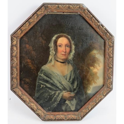 531 - British School (19th Century) - 'Study of a lady in landscape setting', oil on panel, octagonal, 36c... 