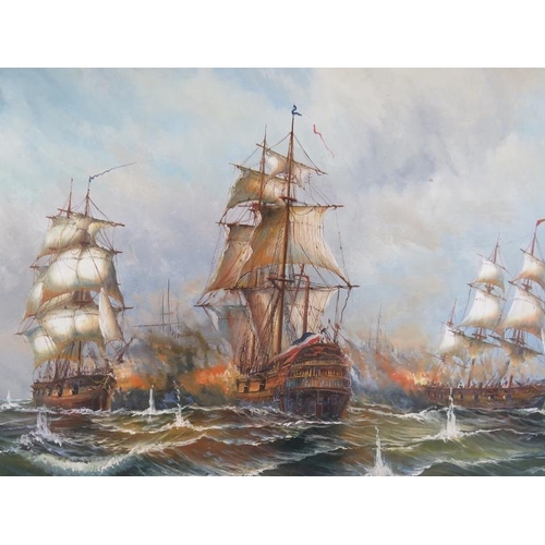 534 - French School (20th century) - 'Sea Battle', oil on canvas, indistinctly signed, 60cm x 90cm, framed... 