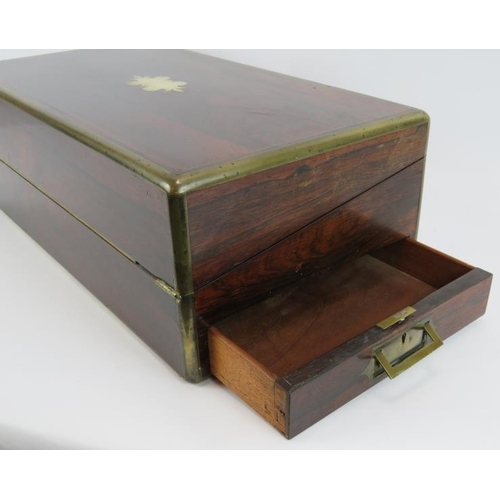 54 - A 19th Century brass bound rosewood writing slope with working Bramah lock, flush handles and docume... 