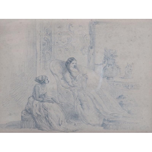 541 - H.B. Wilson (1860) - 'Interior scene with the lady of the house and a female attendant', pencil draw... 