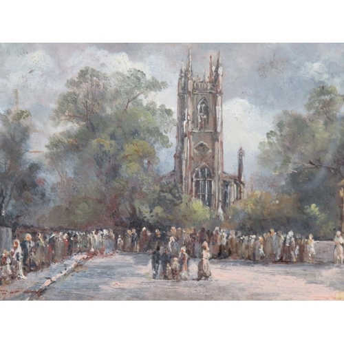 543 - British School (late 19th/early 20th century) - 'Figures gathered outside a church', oil, 10cm x 14c... 