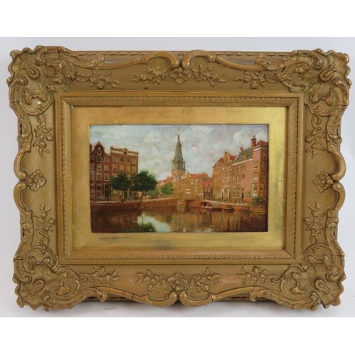 546 - Continental School (19th century) - 'City scene with buildings and canal', mixed media, 10cm x 17cm,... 