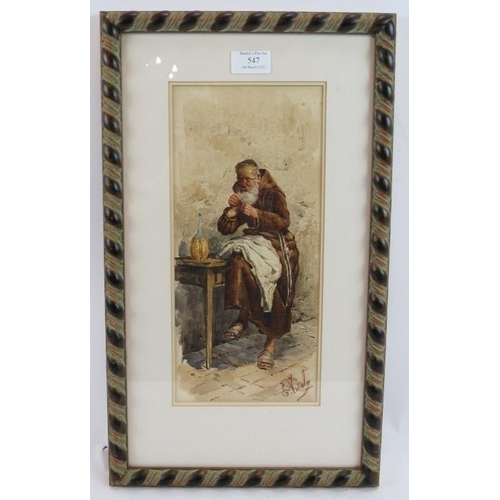 547 - E. Vitaly (19th century) - 'A bearded monk', watercolour, signed, 32cm x 15cm, framed.
Condition rep... 