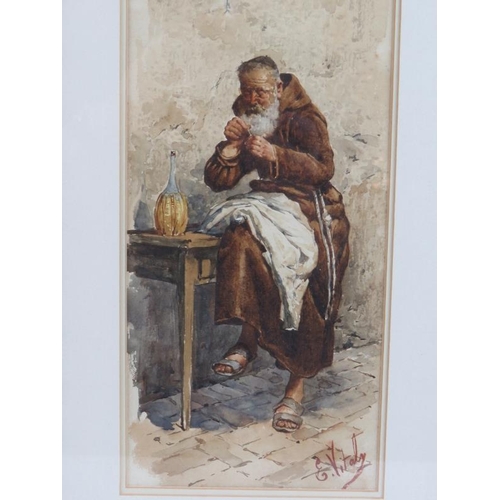 547 - E. Vitaly (19th century) - 'A bearded monk', watercolour, signed, 32cm x 15cm, framed.
Condition rep... 