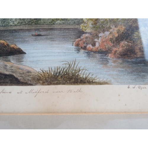 549 - E.J. Dyer (19th century) - 'River landscape, Midford near Bath', watercolour, signed, titled, 17cm x... 