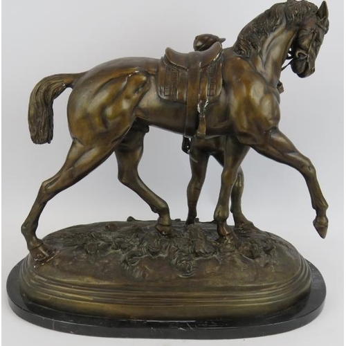 57 - A large contemporary bronze figure of horse and jockey mounted on a black marble base. Inscribed: Ed... 