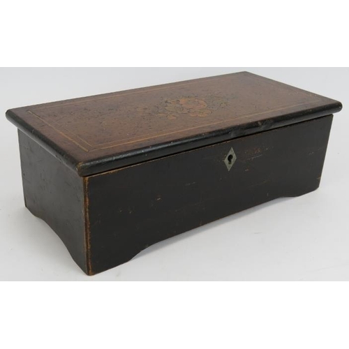 58 - A late 19th Century Swiss music box, possibly by Jacot. Inlaid stained mahogany case with cylinder m... 