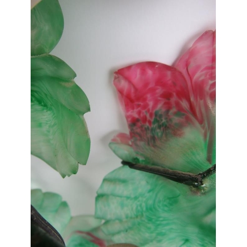 59 - A mid 20th Century Murano glass grape and vine wall lamp with pink and green leaves and orange/pink ... 