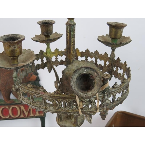 62 - A five sconce Gothic candelabra, a copper plant trough, a cast iron Welcome sign and a brass apple s... 