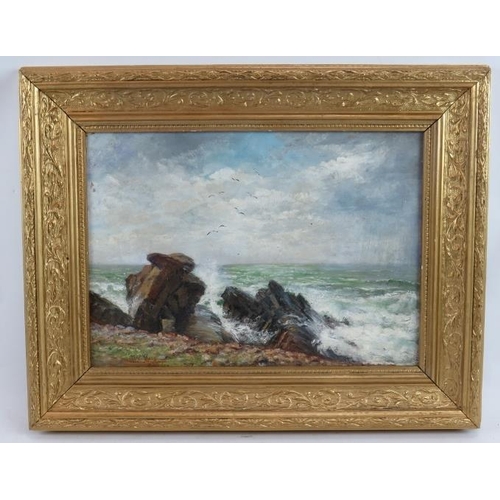 621 - British School (19th Century) - 'Coastal Seascape', oil on canvas, indistinctly signed, 25cm x 35cm,... 