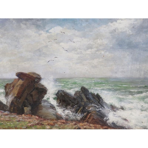 621 - British School (19th Century) - 'Coastal Seascape', oil on canvas, indistinctly signed, 25cm x 35cm,... 