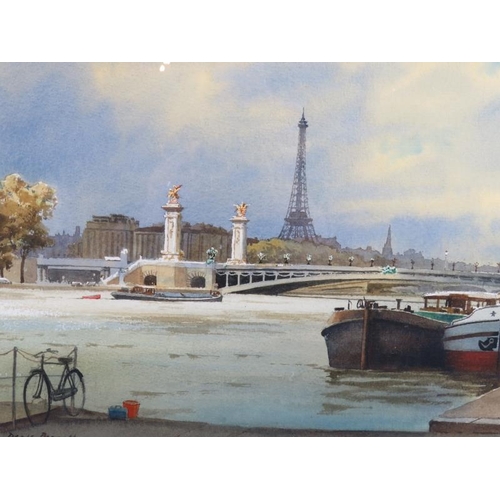 623 - Denis Pannett (British, b.1939) - 'Barges on the Seine', watercolour, signed, artists label verso, 3... 