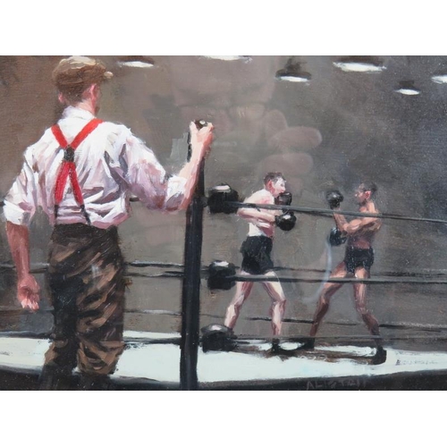 624 - Alistair Little (British, b. 1974) - 'Onlooker' (boxing Scene), oil on panel, signed, label verso fo... 