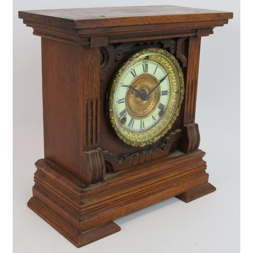 70 - A late 19th century striking mantel clock by Ansonia Clock Co, 8 day summit movement, oak case. Key ... 