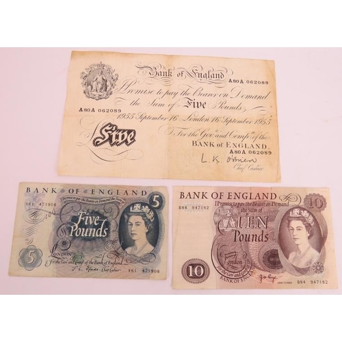 77 - A 1955 British white £5 note, three green £1 notes, 1970s £5 & £10 pound notes plus four other notes... 