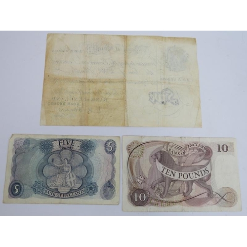 77 - A 1955 British white £5 note, three green £1 notes, 1970s £5 & £10 pound notes plus four other notes... 