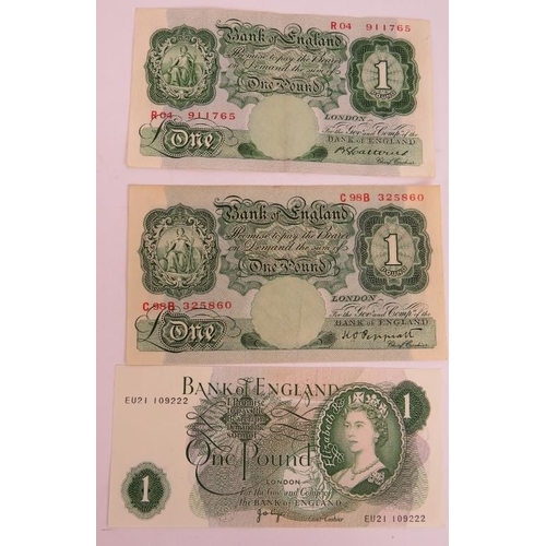 77 - A 1955 British white £5 note, three green £1 notes, 1970s £5 & £10 pound notes plus four other notes... 