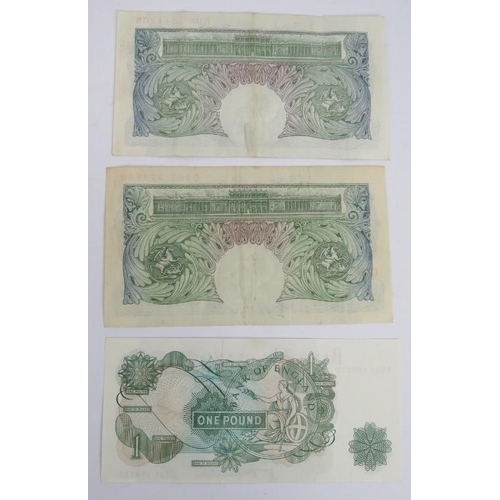 77 - A 1955 British white £5 note, three green £1 notes, 1970s £5 & £10 pound notes plus four other notes... 