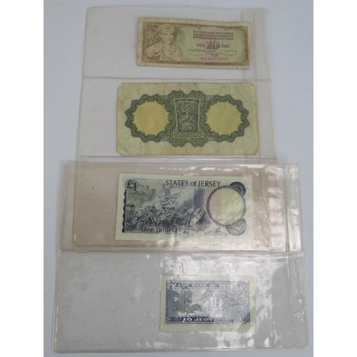 77 - A 1955 British white £5 note, three green £1 notes, 1970s £5 & £10 pound notes plus four other notes... 